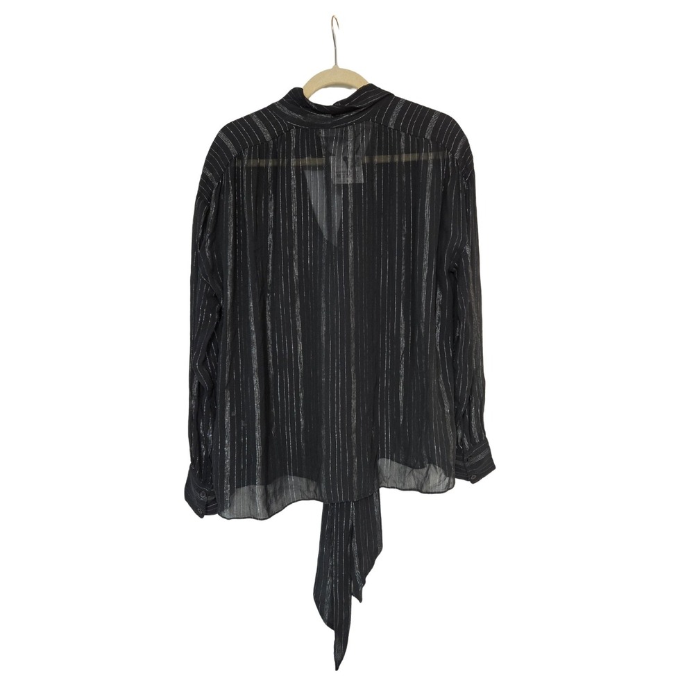 Zara ZW Collection Metallic Thread Semi-sheer Tie Neck Blouse Black Sz M NWT - Picture 3 of 8
